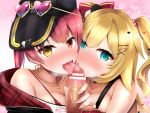  2girls akai_haato bangs blonde_hair blue_eyes blush breasts eyebrows_visible_through_hair fellatio food fruit hair_ornament heart heart_hair_ornament hololive houshou_marine hydrant_(kasozama) licking licking_penis long_hair looking_at_viewer multiple_fellatio multiple_girls oral penis smile tongue tongue_out virtual_youtuber 