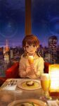  1girl bangs blush brown_hair building chair city city_lights cityscape cup earrings food fork hands_up highres holding holding_cup indoors jewelry knife long_sleeves looking_at_viewer night original parted_lips plate purple_eyes short_hair sitting sky smile solo spoon sweater tokyo_(city) tokyo_tower tsujin_bohboh turtleneck turtleneck_sweater white_sweater window 