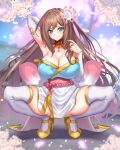  1girl absurdres arm_up armpits blue_eyes blush breasts bridal_gauntlets brown_hair cherry_blossoms cleavage closed_mouth flower full_body hair_flower hair_ornament high_heels highres japanese_clothes large_breasts long_hair looking_at_viewer nez-box obi original sash smile solo spread_legs squatting thighhighs very_long_hair wings 