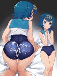  1girl ass blue_eyes blue_hair blue_sailor_collar cum cum_on_ass cum_on_clothes freckles hairband highres kneeling lana_(pokemon) looking_back no_sclera one-piece_swimsuit own_hands_together pokemon pokemon_(game) pokemon_sm sailor_collar shirt sleeveless sleeveless_shirt swimsuit swimsuit_under_clothes tobiume_sayu white_shirt yellow_hairband 