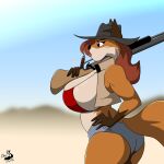  absurd_res anthro big_breasts breasts canid canine chrisandcompany clothing female fox gun hat headgear headwear hi_res huge_breasts mammal ranged_weapon solo weapon 