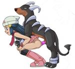  bent_over bestiality blue_hair clothed_sex from_behind hikari_(pokemon) houndoom jpeg_artifacts monster pokemon pokephilia sex small_breasts squatting vaginal 