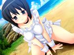  1girl beach black_hair blush breasts game_cg kneeling large_breasts ocean purple_eyes siesta sky solo team-tanabe zero_no_tsukaima 