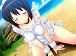  1girl beach black_hair blush breasts closed_eyes eyes_closed game_cg kneeling large_breasts ocean siesta sky solo team-tanabe zero_no_tsukaima 