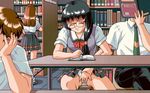  2boys 2girls black_hair book couple exhibitionism eyes_closed fingering glasses library masturbation multiple_boys multiple_girls public skirt skirt_lift under_skirt under_table 