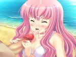  1boy 1girl beach blush censored closed_eyes cum cum_in_mouth cum_on_tongue ejaculation eyes_closed facial game_cg long_hair louise_francoise_le_blanc_de_la_valliere ocean open_mouth penis pink_hair team-tanabe tears tongue zero_no_tsukaima 