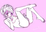  1girl blush breasts embarrassed female flossing full_body monochrome nipples panties panty_pull pink solo teruchan underwear 