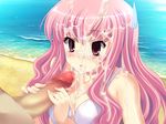  1boy 1girl beach blush bra censored cum cum_on_hair facial game_cg lingerie long_hair louise_francoise_le_blanc_de_la_valliere ocean penis pink_eyes pink_hair sweatdrop team-tanabe underwear zero_no_tsukaima 