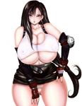  1girl akatsuki_giken bare_shoulders bottomless breasts brown_hair cleavage curvy earrings elbow_gloves final_fantasy final_fantasy_vii gloves hips huge_breasts jewelry long_hair ponytail pubic_hair pussy see-through skirt solo square square_enix suspenders sweat thighs tifa_lockhart uncensored underboob vagina wide_hips 