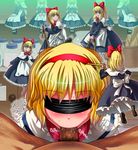  1boy 1girl alice_margatroid blindfold blonde_hair dark-skinned_male fellatio nemuo oral penis ribbon rope shanghai shanghai_doll touhou translation_request uncensored 