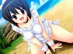  1girl beach black_hair blush breasts game_cg kneeling large_breasts ocean open_mouth purple_eyes siesta sky solo team-tanabe zero_no_tsukaima 