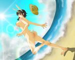  animal_ears ass barefoot beach black_hair breasts brown_eyes bunny bunny_ears bunny_tail carrot cloud day feet genderswap genderswap_(mtf) hat highres large_breasts legs luffyko nipples nude one_piece outdoors raimonkisuke running sand scar short_hair sky solo straw_hat sun tail water 