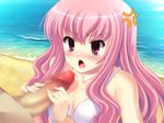  1boy 1girl angry beach blush censored game_cg long_hair louise_francoise_le_blanc_de_la_valliere ocean open_mouth penis pink_eyes pink_hair team-tanabe zero_no_tsukaima 