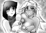  2girls breast_press breasts choker clenched_teeth dark_skin egyptian greyscale hetero large_breasts mana_(yuu-gi-ou) mazaki_anzu monochrome multiple_girls multiple_paizuri nipples paizuri penis pov smile sweat symmetrical_docking teamwork teeth yuu-gi-ou yuu-gi-ou_duel_monsters 