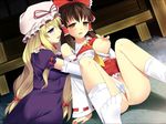  2girls blonde_hair blush breast_grab breasts censored female fingering grabbing hakurei_reimu multiple_girls nipple nipple_tweak nipples pussy pussy_juice touhou yakumo_yukari yuri 