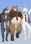  2022 anthro balls barontoko belly blush brown_body canid canine canis flaccid genitals group hi_res humanoid_genitalia humanoid_hands humanoid_penis kemono lagomorph leporid male mammal moobs mostly_nude navel necktie necktie_only nipples overweight overweight_male penis rabbit raccoon_dog tanuki white_body wolf 