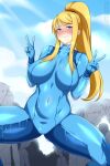  1girl blonde_hair blue_eyes blue_sky blush bodypaint breasts commission double_v exhibitionism large_breasts lindaroze long_hair melting metroid navel nose_blush nude outdoors ponytail public_indecency samus_aran sidelocks sky solo_focus sweat trembling v 