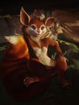  3:4 3d_(artwork) anthro bed digital_media_(artwork) dota female fur furniture genitals hi_res hoodwink_(dota) hybrid lies living_room mammal paws pussy red_body red_fur rodent sciurid solo tail_motion tailwag tree_squirrel video_games 