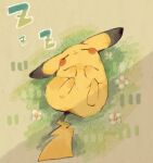  closed_eyes closed_mouth commentary_request flower full_body grass highres lying no_humans on_back pikachu pokemon pokemon_(creature) sleeping solo tetezya_(kompello) white_flower zzz 
