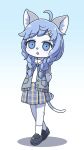  2022 anthro blue_eyes bottomwear casual_clothing child clothing cyberconnect2 domestic_cat felid feline felineko felis footwear fuga:_melodies_of_steel gradient_background hi_res inner_ear_fluff jacket kato_siyunn little_tail_bronx looking_at_viewer mammal open_mouth plantigrade sheena_falafel shoes simple_background skirt topwear tuft video_games young 