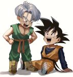  2boys black_eyes black_hair blue_eyes commentary dragon_ball hand_on_hip highres looking_at_another male_focus multiple_boys open_mouth short_hair simple_background sitting smile son_goten spiked_hair tommmmieee trunks_(dragon_ball) white_background 