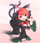  1girl all_fours animal_ear_fluff animal_ears blush braid cat_ears cat_tail chachaneko cum cum_in_mouth cum_on_hands facial full_body hand_up kaenbyou_rin long_hair looking_at_viewer multiple_tails nekomata open_mouth red_eyes red_hair simple_background solo tail teeth tongue tongue_out touhou twin_braids twintails two_tails wide_sleeves 