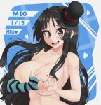  1girl absurdres akiyama_mio black_eyes black_gloves black_hair black_nails blue_gloves blush breasts cleavage collarbone dated elbow_gloves eyebrows_visible_through_hair fingerless_gloves gloves happy_birthday heart heart_hands highres k-on! large_breasts long_hair looking_at_viewer multicolored_clothes multicolored_gloves nipples open_mouth single_glove smile solo striped striped_gloves tongue young_savage 