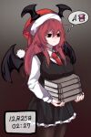  1girl bat_wings book book_stack breast_rest breasts chibi chibi_inset cowboy_shot dated empty_eyes gradient gradient_background hat head_wings holding holding_book koakuma long_hair mandarok1149 necktie pantyhose patchouli_knowledge red_eyes red_hair red_necktie santa_hat simple_background solo spoken_character thought_bubble touhou wing_collar wings 
