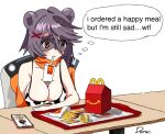  1girl after_meal animal_ears animal_print artist_name blush breasts brown_hair cellphone cow_print crumpled_paper dorranvtuber drinking_straw drinking_straw_in_mouth english_commentary english_text eyebrows_visible_through_hair food french_fries frown hand_on_table happy_meal ikari_shinji indie_virtual_youtuber ios_(os) iphone meme neon_genesis_evangelion orange_eyes phone profanity raccoon_ears restaurant shinji_holding_a_mug_(meme) simple_background sitting smartphone snuffy_(vtuber) table thought_bubble timestamp tray virtual_youtuber white_background 