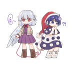  !? 2girls :3 angel_wings arm_up bangs beige_jacket black_capelet blue_eyes blue_hair blush book bow bowtie braid breasts capelet chinese_commentary closed_mouth collared_dress commentary_request doremy_sweet dress expressionless eyebrows_visible_through_hair eyelashes feathered_wings feet_out_of_frame fingers french_braid hair_between_eyes half_updo hat highres idaku kishin_sagume knees long_sleeves looking_at_another looking_up medium_breasts multiple_girls nightcap off_shoulder pom_pom_(clothes) purple_dress red_bow red_bowtie short_hair short_sleeves silver_hair simple_background single_wing smile standing string string_of_fate tail tapir_tail touhou turtleneck white_background white_dress wing_collar wings 