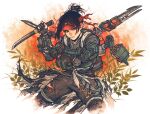  1girl apex_legends armor black_hair black_pants brown_eyes cloud_marauder_valkyrie eyeshadow hair_behind_ear head_tilt headband jetpack kanzumesabako looking_at_viewer makeup missile_pod official_alternate_costume pants plant ponytail red_eyeshadow red_headband solo torn_clothes torn_pants valkyrie_(apex_legends) 