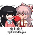  2girls bangs black_hair blood bow chibi chinese_text closed_eyes collared_shirt english_text eyebrows_visible_through_hair fujiwara_no_mokou hair_between_eyes hair_bow hime_cut houraisan_kaguya jokanhiyou long_hair looking_at_another motion_lines multiple_girls no_nose open_mouth outline pink_hair pink_shirt puffy_short_sleeves puffy_sleeves red_eyes shirt short_sleeves silver_hair simple_background solo spitting spitting_blood suspenders touhou upper_body very_long_hair white_background white_bow white_shirt 