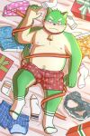  2021 absurd_res anthro belly blush bodily_fluids canid canine canis christmas clothing domestic_dog gift green_body hi_res holidays humanoid_hands kemono lying male mammal moobs navel nipples overweight overweight_male solo sweat tmnt_omawari3 underwear 
