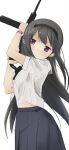  1girl akemi_homura arm_up bangs black_hair black_hairband black_skirt blush_visible_through_hair closed_mouth commentary_request cowboy_shot eyebrows_visible_through_hair gun hairband hands_up highres light_blush long_hair long_skirt looking_at_viewer mahou_shoujo_madoka_magica midriff_peek neckwear_request purple_eyes simple_background skirt solo tsubaki_(tatajd) very_long_hair watch weapon white_background white_skirt wristwatch 