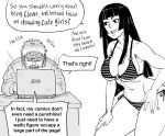  1boy 1girl artist_self-insert bb_(baalbuddy) bikini black_hair breasts computer desk english_text facial_hair greyscale hand_on_hip hand_on_own_leg highres hime_cut laptop large_breasts long_hair monochrome original simple_background sitting speech_bubble stubble swimsuit white_background 