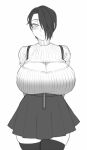  1girl arms_behind_back bangs blush breasts cleavage_cutout clothing_cutout commentary cowboy_shot english_commentary hair_over_one_eye huge_breasts one_eye_covered original ribbed_sweater saya_(twrlare) short_hair simple_background skirt smile solo sweater thighhighs twrlare white_background zettai_ryouiki 