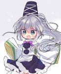  1girl bangs biyon black_skirt blue_eyes commentary_request cowboy_shot grey_background grey_hair hat japanese_clothes kariginu long_hair long_sleeves mononobe_no_futo open_mouth pom_pom_(clothes) ponytail skirt smile solo star_(symbol) tate_eboshi touhou wide_sleeves 