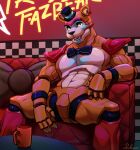  2022 abs animatronic anthro armband biceps bow_tie claws clothing coffee_mug ear_piercing ear_ring eyebrows facial_markings five_nights_at_freddy&#039;s five_nights_at_freddy&#039;s:_security_breach furniture glamrock_freddy_(fnaf) hat head_markings headgear headwear hi_res inside looking_at_viewer machine male mammal markings muscular muscular_anthro muscular_male navel nude on_sofa pecs piercing poofroom robot scottgames shoulder_pads signature sitting smile sofa solo table teeth top_hat ursid video_games 
