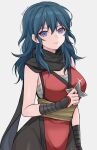  1girl bandages bangs banned_artist bare_shoulders black_legwear black_scarf blue_eyes blue_hair breasts byleth_(fire_emblem) byleth_(fire_emblem)_(female) fire_emblem fire_emblem:_three_houses grey_background groin highres holding holding_shuriken holding_weapon japanese_clothes kimono large_breasts long_hair looking_at_viewer pantyhose red_kimono sarashi scarf shimizu_akina shuriken simple_background sleeveless sleeveless_kimono smile solo upper_body weapon 