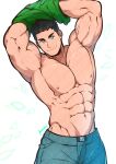  1boy abs absurdres bara bare_pectorals black_hair blue_pants closed_mouth clothes_lift green_eyes green_shirt highres kuroshinki large_pectorals lifted_by_self looking_at_viewer love_tractor male_focus muscular muscular_male navel nipples pants pectorals shirt shirt_lift short_hair smile solo undressing yechan_suh 