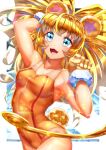  1girl :d absurdres animal_ears animal_hands bangs bare_arms bear_ears bear_girl bear_tail blonde_hair blue_eyes breasts competition_swimsuit cure_mofurun curecycadura eyebrows_visible_through_hair floating_hair fur-trimmed_gloves fur_trim gloves highres long_hair looking_at_viewer mahou_girls_precure! medium_breasts one-piece_swimsuit orange_swimsuit paw_gloves precure shiny shiny_hair smile solo standing swimsuit tail very_long_hair yellow_gloves 