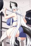  bar big_breasts blush bottomwear breasts clothing exercise female hair humanoid humanoid_pointy_ears lindaroze_(artist) long_hair looking_back shorts solo weightlifting workout 