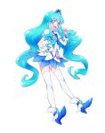  bag blue_choker blue_dress blue_eyes blue_hair boots choker cure_marine dress eyebrows_visible_through_hair full_body hair_between_eyes hair_ornament heart_brooch heartcatch_precure! highres kurumi_erika kyoutsuugengo looking_at_viewer magical_girl precure puffy_short_sleeves puffy_sleeves short_sleeves thighhighs two-tone_dress white_dress white_legwear wrist_cuffs 