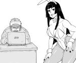  1boy 1girl artist_self-insert bb_(baalbuddy) black_hair breasts computer desk detached_collar facial_hair greyscale hand_on_hip hand_on_own_leg highres hime_cut laptop large_breasts long_hair looking_at_viewer monochrome original pantyhose playboy_bunny plunging_neckline simple_background sitting stubble white_background wrist_cuffs 