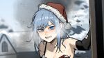  1girl bangs bare_shoulders black_gloves blue_eyes blue_hair blush breasts breath cleavage cloud cloudy_sky elbow_gloves eyebrows_visible_through_hair fur_trim gloves gogalking hand_up hat house looking_at_viewer original portrait red_headwear runny_nose santa_hat shadow sky solo 