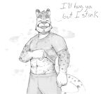  abs anthro beard bodily_fluids cheetah dialogue eyes_closed facial_hair felid feline gato_matero hi_res male mammal monochrome muscular muscular_anthro muscular_male musk open_mouth smelly smile solo sweat sweatpants talking_to_viewer 