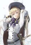  1girl absurdres artoria_pendragon_(caster)_(fate) artoria_pendragon_(fate) black_gloves blonde_hair bow bug butterfly buttons cape cowboy_shot double-breasted fate/grand_order fate_(series) gloves green_eyes hand_in_hair hat highres long_hair looking_at_viewer purple_bow shot_(shot0598) smile solo sword sword_behind_back weapon white_background 