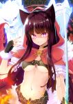  1girl animal animal_ear_fluff animal_ears bangs bemani black_bra bra breasts brown_hair cape choker eyebrows_visible_through_hair fingerless_gloves frilled_sleeves frills fur-trimmed_gloves fur_trim gloves hair_over_shoulder hand_up hood kureha_(sound_voltex) long_hair looking_at_viewer medium_breasts mikaze_oto nail_polish navel parted_lips pink_eyes red_nails short_sleeves smirk solo sound_voltex teeth underboob underwear 