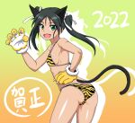  1girl 2022 animal_ears animal_hands animal_print ass bikini blush breasts cat_ears cat_tail chinese_zodiac eyebrows_visible_through_hair fang francesca_lucchini gloves green_eyes green_hair hair_ornament hair_ribbon highres kunashiri_(etorofu) looking_at_viewer open_mouth paw_gloves ribbon shiny shiny_hair shiny_skin small_breasts smile solo strike_witches swimsuit tail tiger_print twintails world_witches_series year_of_the_tiger 