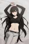  1girl absurdres arms_up belt black_belt black_hair black_shirt bright_pupils feet_out_of_frame gogalking grey_pants highres long_hair long_sleeves midriff navel original pants parted_lips red_eyes shirt solo very_long_hair white_pupils 